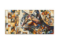 A colorful canvas art piece featuring a stylized, geometric rendition of a cat amidst an abstract assortment of shapes and patterns.