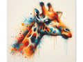 A vibrant and colorful canvas art piece featuring an abstract illustration of a giraffe head with splashes of blue and orange paint.