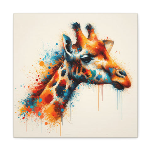 A vibrant and colorful canvas art piece featuring an abstract illustration of a giraffe head with splashes of blue and orange paint.
