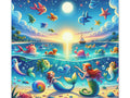 A whimsical canvas art featuring a vibrant illustration of a mermaid on a beach at sunset surrounded by a variety of colorful, stylized sea creatures both in the water and flying under a starry sky.