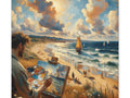 A painter on a beach depicted on canvas art is creating a seascape that mirrors the surrounding scenery of sandy shores, sailing boats, and a vivid cloudy sky.