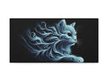 A canvas art displaying an abstract design of a blue, swirling cat with intricate patterns on a black background.