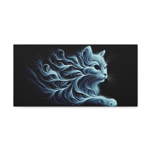 A canvas art displaying an abstract design of a blue, swirling cat with intricate patterns on a black background.