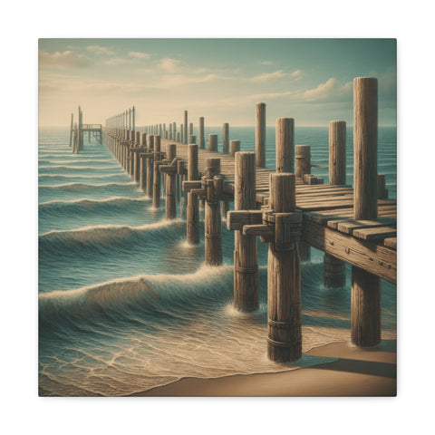 Alt text: A canvas depicting a serene scene of an old wooden pier extending into a tranquil sea with gentle waves lapping against the shore under a soft, cloudy sky.