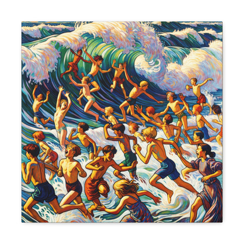 A vibrant canvas art piece depicting numerous animated figures running and leaping through dynamic, stylized waves in hues of blue and white.