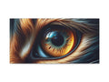 A canvas art piece featuring a highly detailed and close-up illustration of an animal's eye surrounded by vibrant orange and black fur.