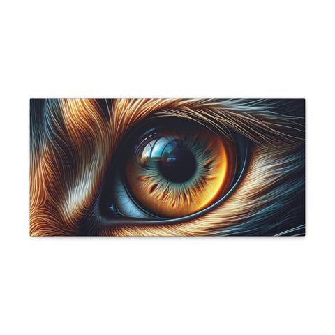 A canvas art piece featuring a highly detailed and close-up illustration of an animal's eye surrounded by vibrant orange and black fur.