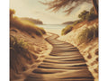 A canvas art depicting a serene beach scene with a wooden boardwalk leading through sand dunes to a tranquil blue sea, flanked by lush greenery and shaded by overhanging tree branches.