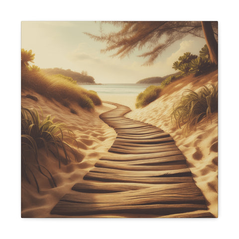 A canvas art depicting a serene beach scene with a wooden boardwalk leading through sand dunes to a tranquil blue sea, flanked by lush greenery and shaded by overhanging tree branches.