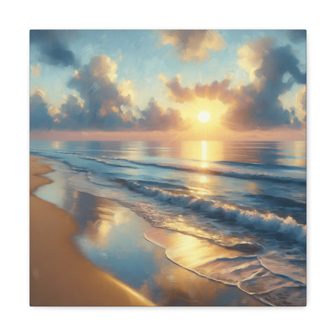 A canvas art depicting a tranquil beach scene with waves gently lapping the shore under a warm sunrise amidst a cloudy sky.
