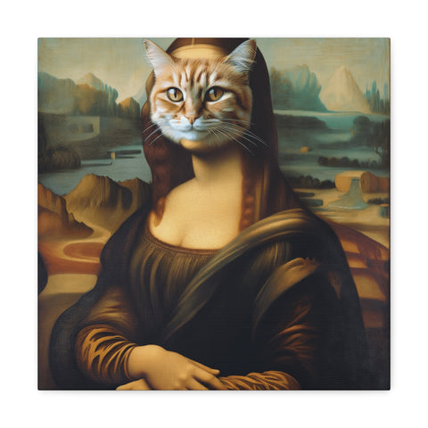A whimsical canvas art piece that merges the iconic Mona Lisa with a cat, featuring a feline's face on the human figure against a Renaissance landscape background.