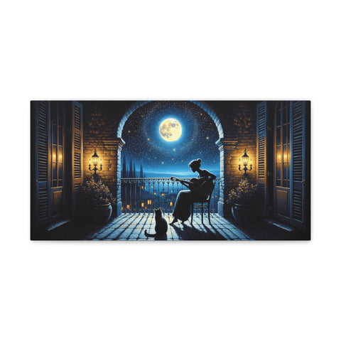 An atmospheric canvas art depicting a serene nighttime scene with a person playing guitar on a balcony under a luminous full moon, accompanied by a cat, framed by open shutters.