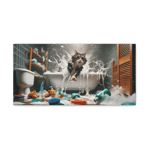 A playful canvas art depicting a mischievous Yorkshire Terrier in a chaotic bathroom with overflowing suds and scattered objects.