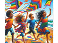 A vibrant canvas art showing four joyful children running on a beach with colorful kites flying in the blue sky behind them.
