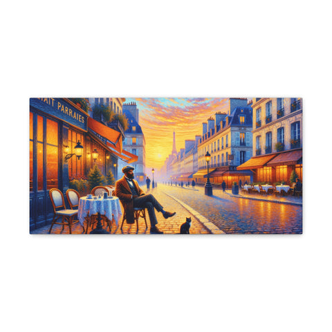 A canvas art depicting a serene Parisian street scene at sunset with a person sitting outside a café, reflecting the city's romantic ambiance.
