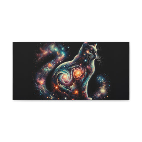 A canvas art featuring a cosmic galaxy pattern superimposed on the silhouette of a cat sitting and gazing upwards.