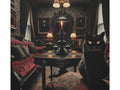 A canvas art featuring a black cat with glowing eyes sitting at the center of an ornately decorated vintage room with red furnishings and walls adorned with paintings.