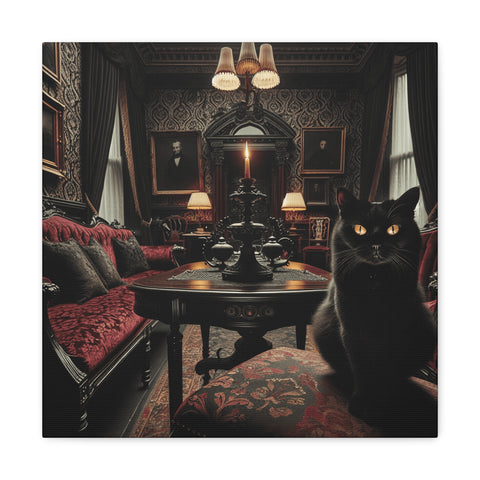 A canvas art featuring a black cat with glowing eyes sitting at the center of an ornately decorated vintage room with red furnishings and walls adorned with paintings.