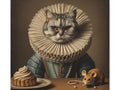A whimsical canvas art piece featuring a cat with a stoic expression wearing an elaborate ruff collar and pearls, seated at a table with a tart and a cream puff, with a tiny mouse on the plate.