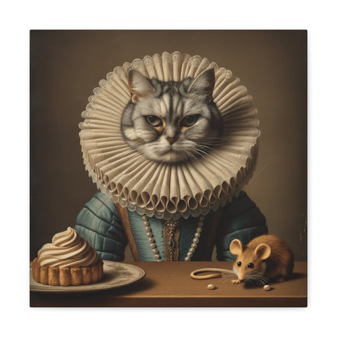 A whimsical canvas art piece featuring a cat with a stoic expression wearing an elaborate ruff collar and pearls, seated at a table with a tart and a cream puff, with a tiny mouse on the plate.