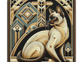 A canvas art piece featuring an art deco style illustration of an elegantly poised Siamese cat with geometric patterns and metallic gold accents.