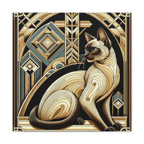 A canvas art piece featuring an art deco style illustration of an elegantly poised Siamese cat with geometric patterns and metallic gold accents.