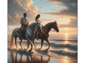 A canvas art piece depicting a man and a woman riding horses along the beach at sunset, with the waves gently lapping at their hooves and a warm, golden sky above them.