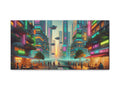 A canvas art depicting a vibrant and futuristic cityscape with neon signs, towering buildings, and floating vehicles against a dusky sky.