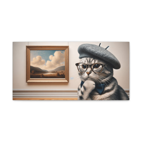 A whimsical canvas art piece featuring a sophisticated cat with glasses and a beret, pondering next to a framed landscape painting.