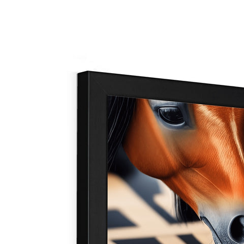 A horse is looking inside of a picture frame with a television ontop of it.