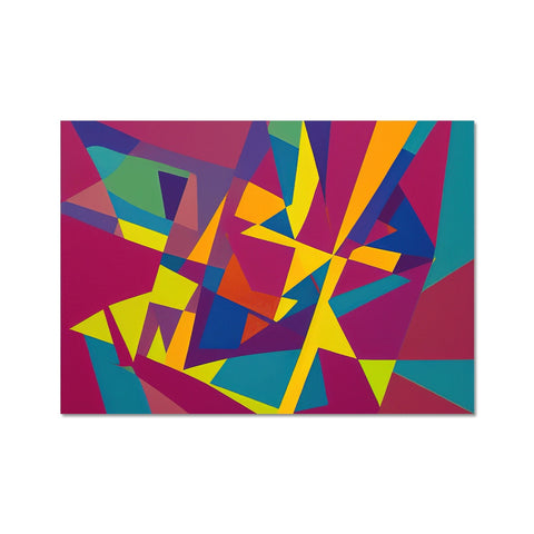 An abstract print on large wall of a white wall surrounded by several colors.