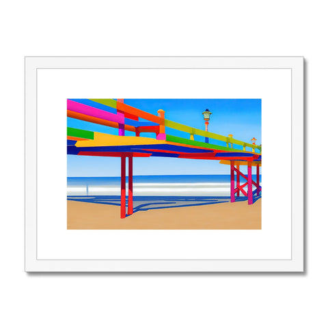 A colorful photo of beach, life guard and a park and a small wooden structure.