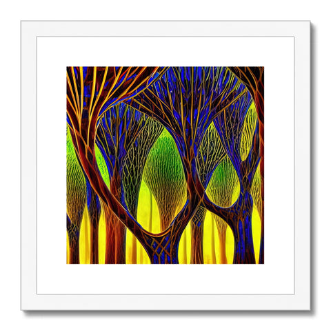 A colorful art print with several trees in the background