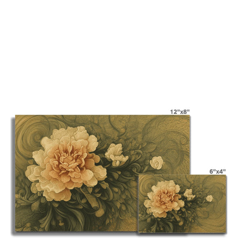 A white ceramic tile has gold foil with green and brown flowers on it.