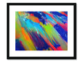 A colorful painting with multiple colors and shapes floating on a frame.