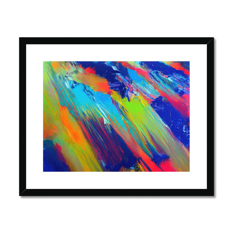 A colorful painting with multiple colors and shapes floating on a frame.