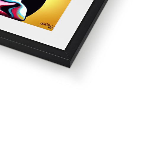A picture frame with an art print is sitting on top of a table, white background