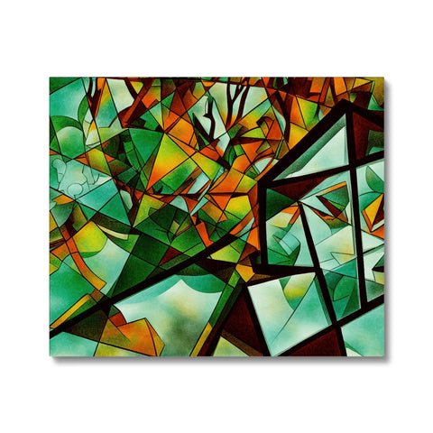 Art print of a green hedge hanging above a table filled with glass bricks.