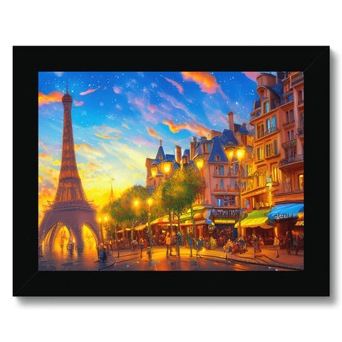 A Paris view in an art photo frame with a sign standing there with a sunset behind