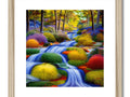 A colorful picture painted on wooden framed paper that has a view of a small waterfall.