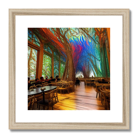 A table inside of an outdoor restaurant with a wall with colorful wood wood framed prints and