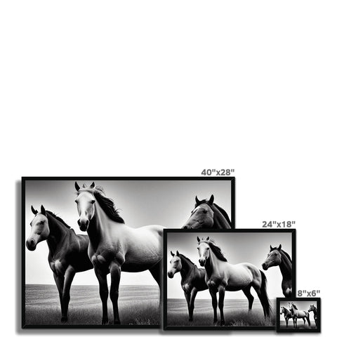 Several black and white pictures of three horses on the road.
