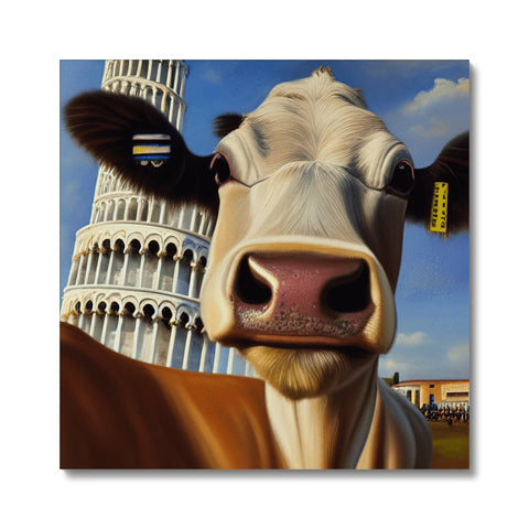 A cow is standing on a pasture with a barn and a cow statue hanging in the