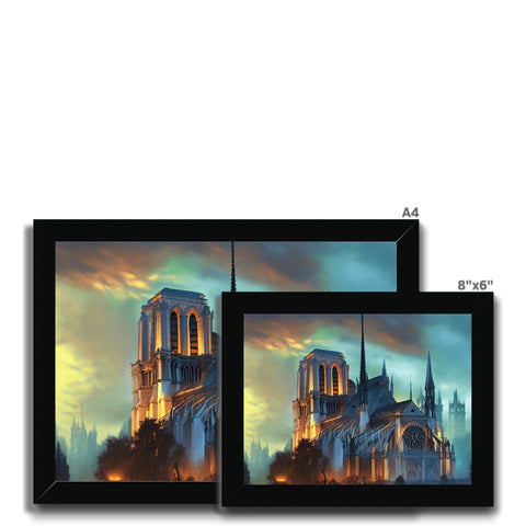 A couple of monitors sitting in front of a large cathedral with two windows.