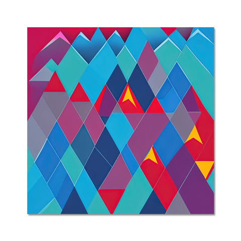 A colorful geometric design on a mountain ridge of snow covered mountains and peaks.