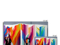A wall on a stage covered in various types of color art are placed by different colors