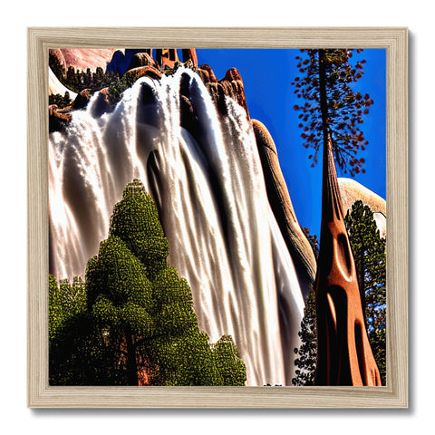 A water fall is in the background of a picture with mountains in the foreground.