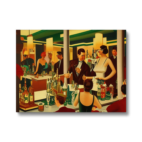 People standing at a table with place mats and drinks in front of paintings on the wall