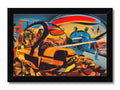 A framed print of the racing circuit with cars behind speedboats.