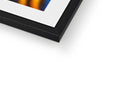 A picture frame framed in blue and orange with an abstract picture of an art print.